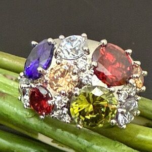 NVC Nataliya V Collister Rhodium Plated  Multicolor CZ Cluster Dome Ring Size 9